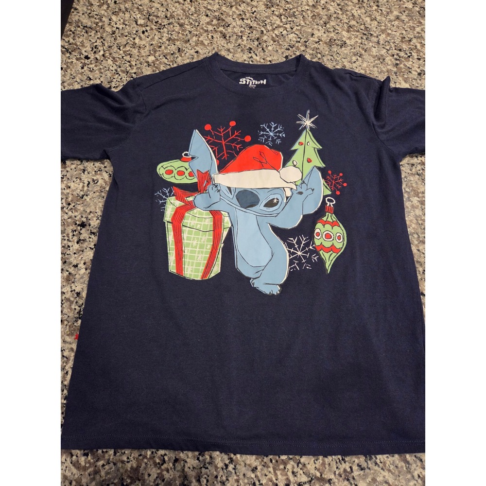 Disney Stitch Christmas Graphic Tee Navy Blue Short Sleeve‎ Shirt Kids S 4-6